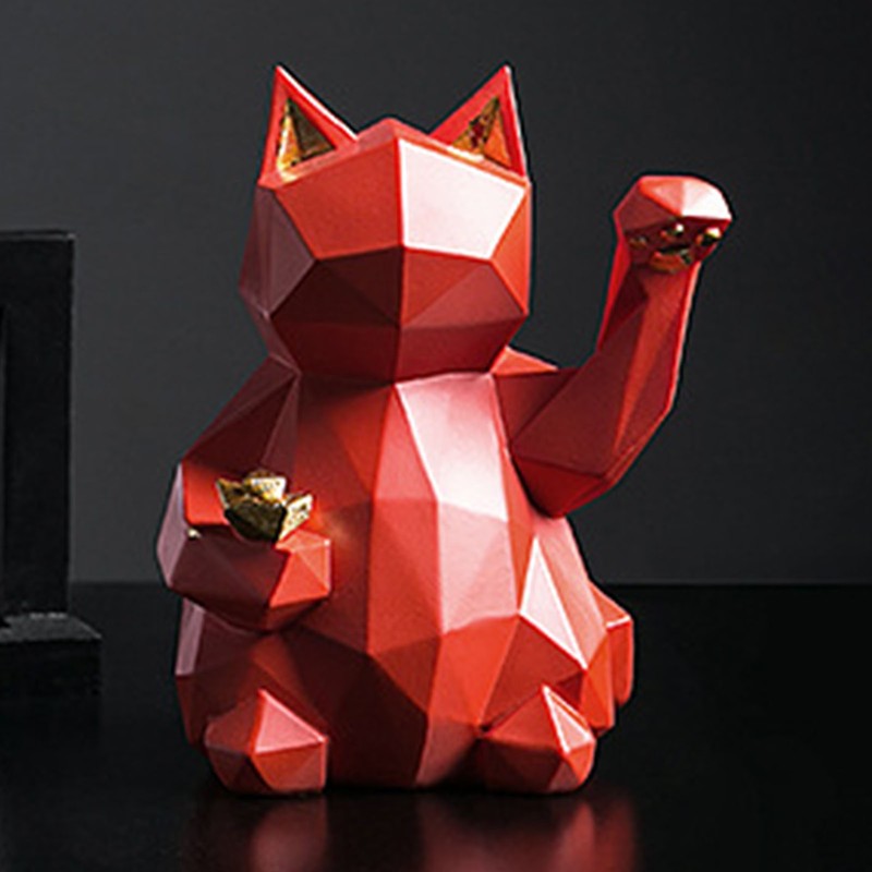 Fortune Cat Figurine Geometry Style Eco Friendly Resin Bright Red