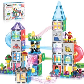 PicassoTiles 650PCS Marble Run Magnetic Tiles and Brick Combo Magnet Tile Building Blocks Toy Set with Character Action Figures Educational STEM Learning Preschool Playset Toddlers Kids Ages 3+ PB650