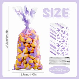 Valentine's Day Cellophane Bags, Cellophane Treat Bags, 100 Pieces Butterfly Cellophane Gift Bags - Perfect for Butterfly Themed Baby Shower and Birthday Party Decorations (Purple)