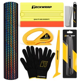 TECKWRAP Carbon Fiber Vinyl Wrap Film Air Release 12 inch x 10 ft Holographic Black Vinyl Wrap Tool kit for Cars Window Tint Tools Car Wrap Kit