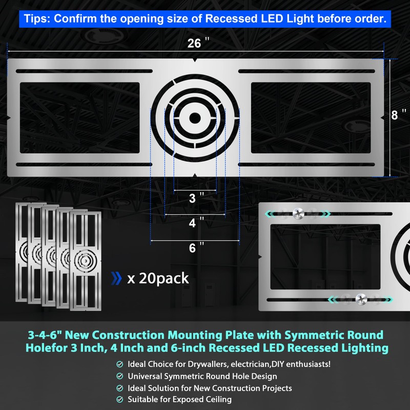 New Construction Mounting Plate, 3-4-6 Inch, LED Recessed Lighting Housing