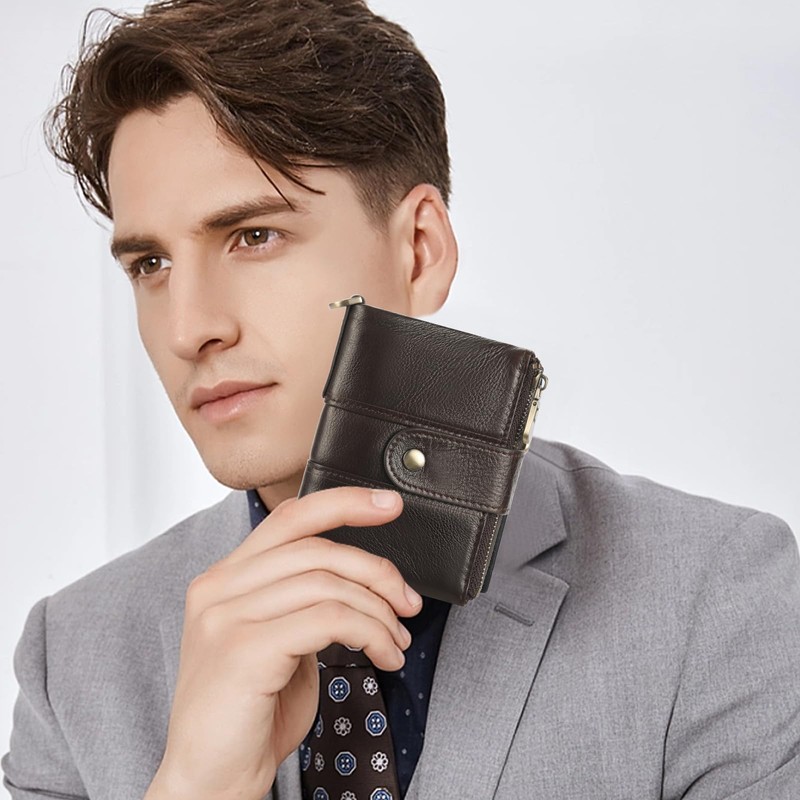 GOIACII Men's Leather Wallet RFID Protection Multifunctional Buckle Zippers Wallet