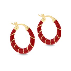 Tuscany Silver Women's Sterling Silver Yellow Gold Plated 20mm Red Enamel Small Twister Hoop Creole Earrings