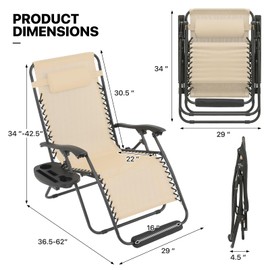 MoNiBloom 29-Inch Oversized Zero Gravity Chairs Set of 2, Patio Anti Gravity Recliner, XL Foldable Outdoor Lounger with Cup Holder Tray, Headrest and Footrest for Beach Camping, Cream
