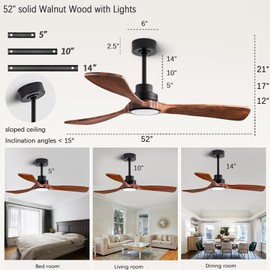 dearnow 52" Wood Ceiling Fan, (with Light with Remote Control) with 3 Solid Wood Blades, Wooden Ceiling Fan for Indoor and Outdoor use, Suitable for Living Room, Dining Room, Patio and More.
