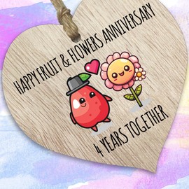 4th Wedding Anniversary Plaque Gift for Husband Wife - 4 Years Together - Happy Linen Anniversary Wooden Heart for Women Men Partner, Light Wood Sign Keepsake Gifts