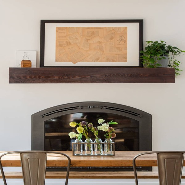Fireplace Mantel | 60"W Wood Floating Shelves | Handcrafted Hollow Distressed Beam | Wall Mounted Wooden Display Shelfing | with Invisible Heavy Duty Hanging Wood Bracket | 60W x 6H x 8D, Dark Walnut