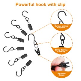 40 PCS Curtain Clips with S Hooks for Outdoor String Lights, Stainless Steel S Hooks with Clips for RV Awning and Gutter Lights (Black)