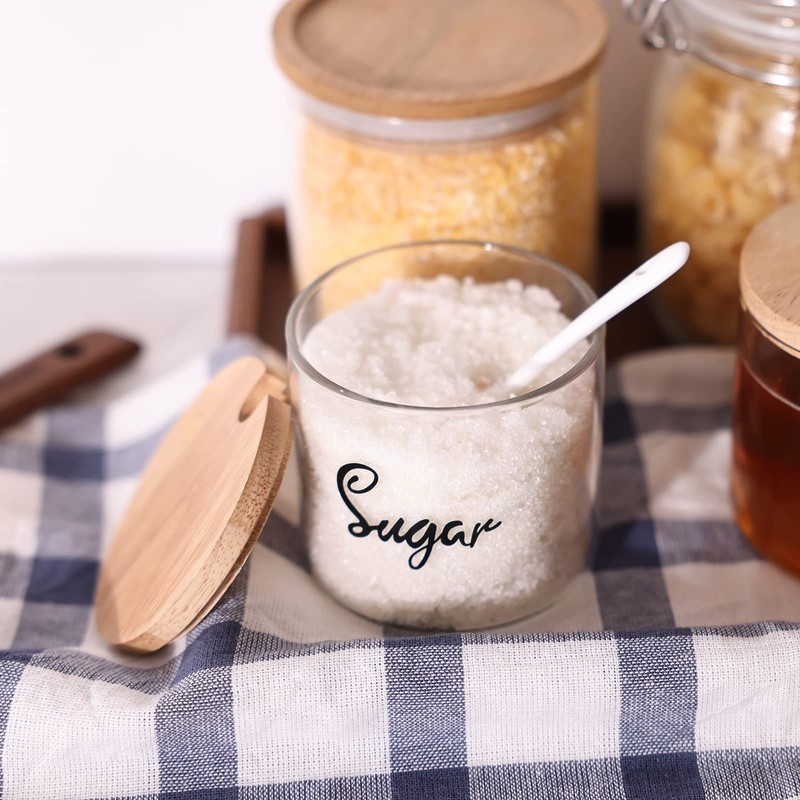 Clear Glass Sugar Bowl with Serving Spoon and Bamboo Lid,