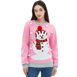 Frojuly Ugly Christmas Sweater for Women Funny Tacky Inappropriate Hilarious Cute Womens Pink Snowman Crazy Holiday Knitted Sweaters Adult for Office Xmas Vacation Party L
