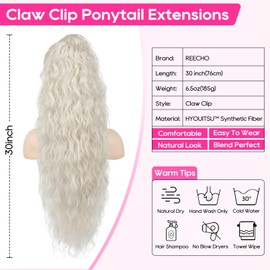 REECHO Ponytail Extension 30" Long Claw Clip Ponytail Extension for Women Curly Pony Tails Hair Extensions Clip in Synthetic Hairpiece for Women, Platinum Blonde