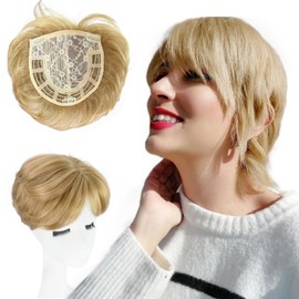 UAmy hair Blonde Short Hair Topper with Natural Bangs Relaxed Pixie Cut Clip in Hair Topper for Women with Thinning Hair Synthetic Hair Top Hairpieces(Medium Blonde)