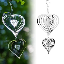 Stainless Steel Wind Spinner,3D Silver Indoor Outdoor Garden Decoration Crafts Ornaments,Metal Wind Chimes for Outside Decor,Decorations to scare away yard birds (1 big and 1 small-Heart)