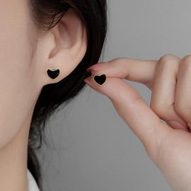 SLUYNZ Solid 925 Sterling Silver Black Heart Earrings Studs for Women Teen Girls 8MM Heart Studs Earrings (B-Gold Plated)