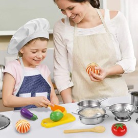Efo Shm Children’s Kitchen Toy Accessories, Kitchen Cookware, Stainless Steel Pan Set, Apron, Chef’s Hat And Vegetables, Pretend Play Toy Set, Role Playing For Girls and Boys