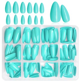LoveOurHome 240pc Almond Press on Nails Medium Stiletto Fake Fingernails Full Cover False Artificial Nail Tips Blue Manicure Decor with Tabs for Women Girls
