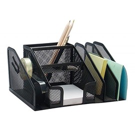 Q-CONNECT KF16573 Desk Organiser, 6 Compartments and Tape Dispenser, Painted Metal Mesh, Black Mesh Metal Office Organiser, Desk Organiser, Non-Slip Feet, 20.5 x 14.5 x 10.0 cm