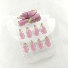 Gold Glitter French Tip Press on Nails Medium Almond Nails Press ons Light Purple Fake Nails Lines Design Glue on Nails Medium False Nails Almond Acrylic Nails Glossy Stick on Nails for Women 24Pcs