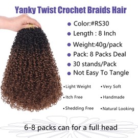 RuiYok 8 Inch Prelooped Yanky Twists Synthetic Crochet Braiding Hair 8 PCS Ombre Brown Pre Looped Hair Short Water Wave Passion Twists Crochet Hair with Curls RS30#