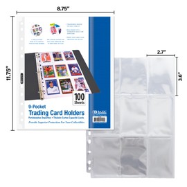 BAZIC 9 Pocket Trading Card Holder Sleeves Pages, Clear Plastic Top Loading 11 Hole Punch Protectors for Sport Cards, Business Cards (100/Pack), 1-Pack