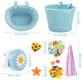 Children's Bicycle Basket, Front Bicycle Basket, Children's Bicycle Baskets with PU Straps, Stickers, Bicycle Tassels and Bicycle Bell, Bicycle Accessories Children, Blue