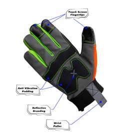 XPRO® 24TSHV Anti Vibration Gloves, Reflective back glows in dark, Touch Screen, Orange Hi Vis Gloves Flexible Spandex Back