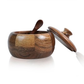 AMERINDIAN Wooden Round Salt celler & peppers shaker with 2 Compartments & Spoon, Storage Jar, Organizer, Decorative Box, Container for home, Kitchen, Premium Tea, Coffee Canister