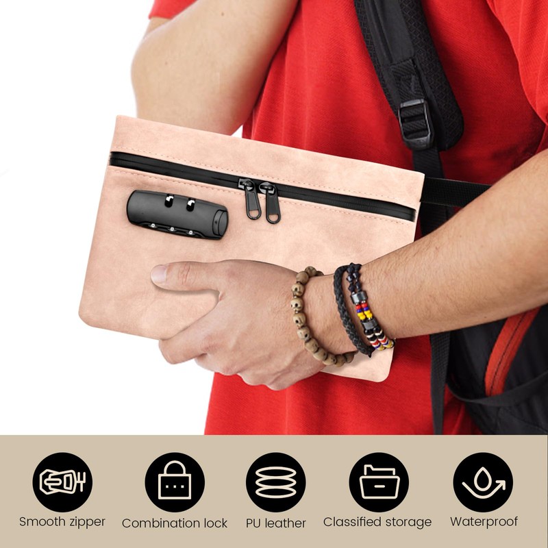 Locked Money Bag with Zipper PU Leather Cash Lock Waterproof