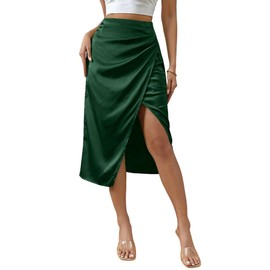Women's Ruched Asymmetrical Split Skirt Summer Casual Maxi Skirts High Waist Thigh Elegant Bodycon Long Skirts Blackish Green