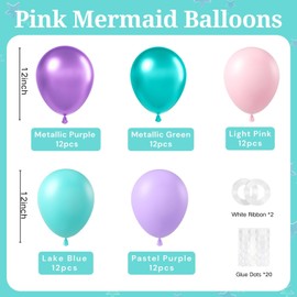 BAUANOOY Mermaid Balloons, 60pcs 12 Inch Pink Metallic Purple Green Blue Latex Balloons for Little Mermaid Birthday Decorations, Baby Shower, Under the Sea Party Decorations