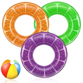 3 Pack Swim Rings Pool Inflatables for Kids Adults, Xndryan Fruit Pool Floats with 16 Inch Beach Ball, Kids Swimming Ring Pool Rubber Rings Inflatable Swimming Pool Floats