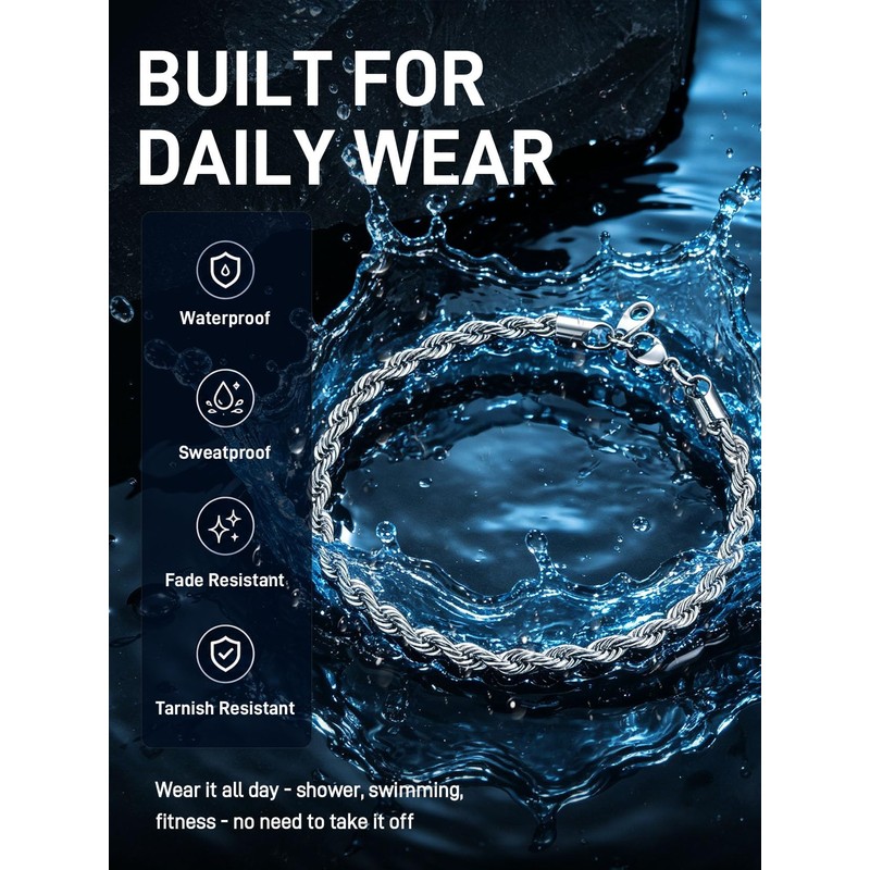 ChainsPro Rope Bracelet for Men, Waterproof Stainless Steel Chain Bracelet