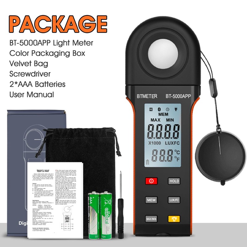 BTMETER Illuminance Light Meter w/Bluetooth - Digital Lumen Tester Measure