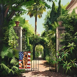 iWeeta Garden Flag German Shepherd with American Flag Background Oil Painting Style Garden Flags Double Sided Yard Flags 12x18 inch for Yard Outdoor Decor