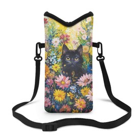 Garucesta Portable Cellphone Crossbody Bag Mini Satchel Pouch Smartphone Protection Bag Multifunctional Cellphone Purse with Shoulder Strap Hands Free Phone Sleeve Bag, Black Cat Daisy Floral Yellow