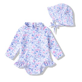 Infant Baby Girl Swimsuit One-Piece Long Sleeve Rash Guard with Hat Set Floral Zipper Bathing Suit Leopard Beach Wear (3-6 Months, Flower#2)