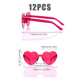 KINBOM 12pcs Heart Shaped Rimless Sunglasses, Love Heart Transparent Tinted Sunglasses Eyewear for Party (Rose Red)