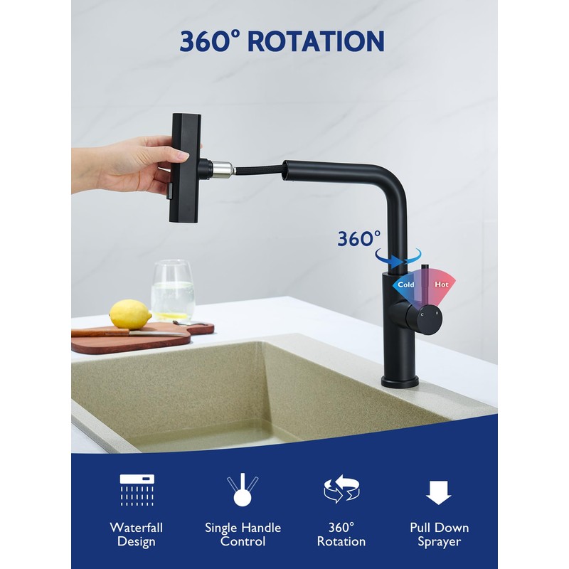 Kitchen Faucet with Pull Down Sprayer, Waterfall Single Hole Single
