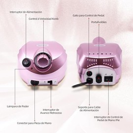 Torno Eléctrico para Uñas,Torno para uñas Profesional ,Velocidad Ajustable Máquina de Lima Uñas,Taladro para Uñas con kit de brocas Herramienta De Manicura Pulidora Eléctrica Para Acrílicos,Geles, Uñas Naturales,Rosa Oro