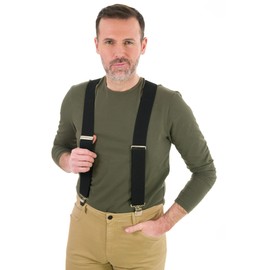 Olata Men's Extra Wide X-Shape Braces/Suspenders in Black with Coloured Leather - 5cm. Olive Green (Silver Clips)