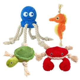 4-Pack Squeaky Dog Toys Durable Puppy Plush Toy Interactive Chew Stuffed Toys of Rope Dog Tug of War Toy & Oral Care Puppy Toys Set: Octopus, Crab,Seahorse,Turtle Pet Toys for Small to Large Dogs