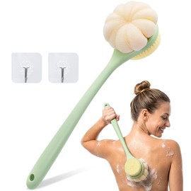 Back Scrubber for Shower with Long Handle, Double-Sided Shower Brush for Body, Loofah Back Scrubber & Bristle Bath Brush, Back Brush for Shower Exfoliating Hard-to-Reach Areas, Bath Brush Long Handle