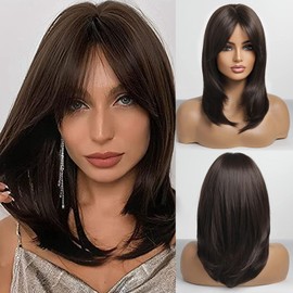 Allbell Dark Brown Wig for Women, Shoulder Length Straight Layered Hair Wig with Bangs, Heat Resistant Synthetic Natural Hair Daily/Party/Cosplay Costume Wig