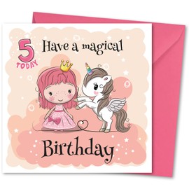 Birthday Card for Girl Age 5. Girls Birthday Card with Matching Envelope. Girl with Unicorn design. Card size 148x148mm. Eco-friendly. Message inside. Printed and Packed in UK.