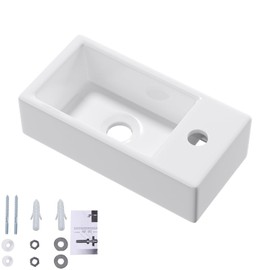 Small Wall Mount Vessel Sink, QISHKA 14.4" x 7" Ceramic Rectangle Wall Hung Bathroom Sink White Mini Wash Basin, Save Space for Narrow Bathroom (Right Hand)