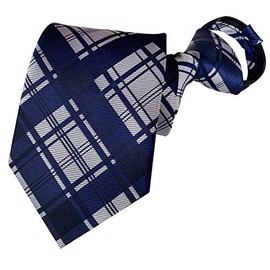 BESMODZ Mens Navy Grey Plaid Striped Zipper Ties Woven Jacquard Pre-tied Necktie