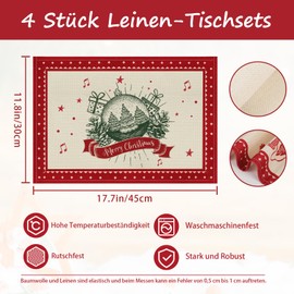 AFXXE Place Mat Christmas Table Set Washable Place Mats Winter 30 x 45 cm, Red Green Christmas Motif Place Mats Set of 4 Placemats Christmas Motif Fabric Used for Table Decoration (Rustic)