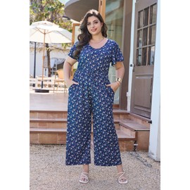 Keluummi Plus Size Summer Floral Jumpsuits for Curvy Women, Casual V Neck Empire Waist Long Pants Romper with Pockets(20 Plus, Navy Blue Floral)