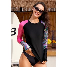 BesserBay Lady Summer Swim Swimming UPF Rashguard Sunscreen Loose Fit Uv Protection Bathing Suit Black Pink Aztec M