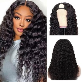 U Part Wigs Human Hair Wigs for Black Women Deep Wave Human Hair 250% Density Brazilian Hair Full Head Clip in Half Wig V Part Glueless Wigs Human Hair Pre Plucked U Shape Wigs Natural Color (22 inch)